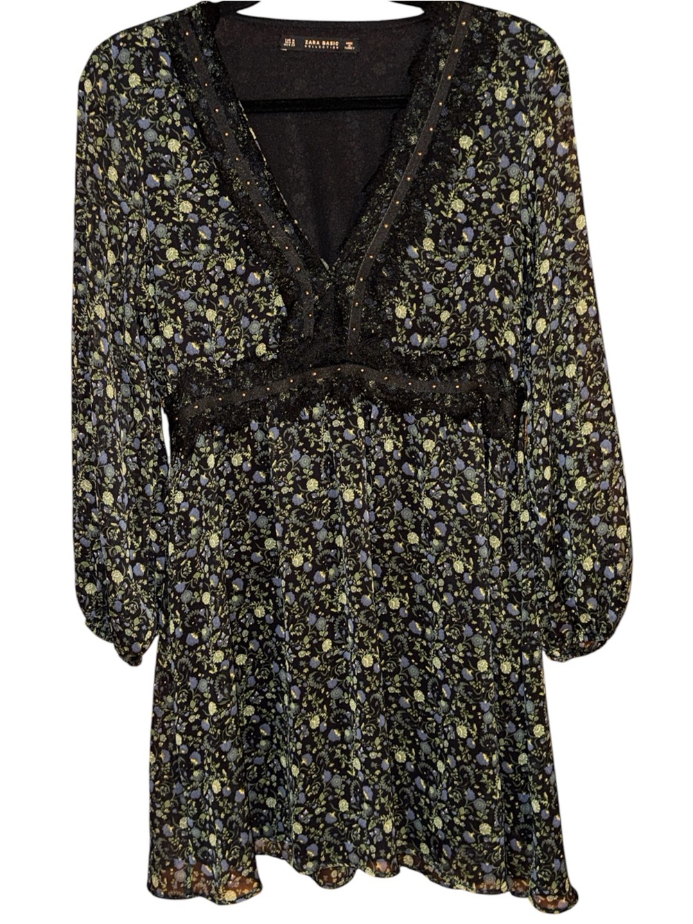 Zara Basic Black Mini Dress with Blue and Green Ditsy Floral Print Sz Medium